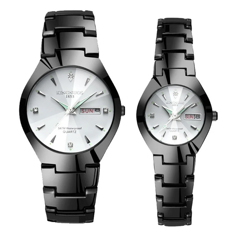 Couple Black White Часы для влюбленных Роскошные Кварцевые наручные часы для мужчин и женщин Hodinky Dual Calender Week steel Saat Reloj Mujer Hombre парные часы - Цвет: Couple Black White