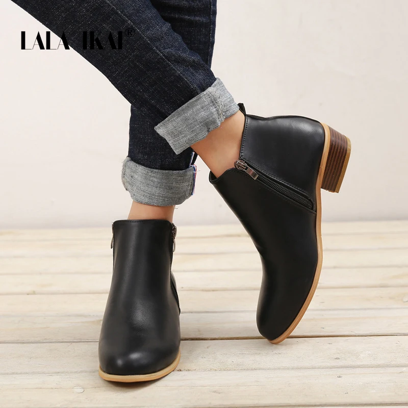 LALA IKAI Women 2020 Chelsea Ankle Boots Spring Autumn Sexy Low Heels Platform Ladies PU Leather Vintage Western Shoes XWC6776-4 | Обувь