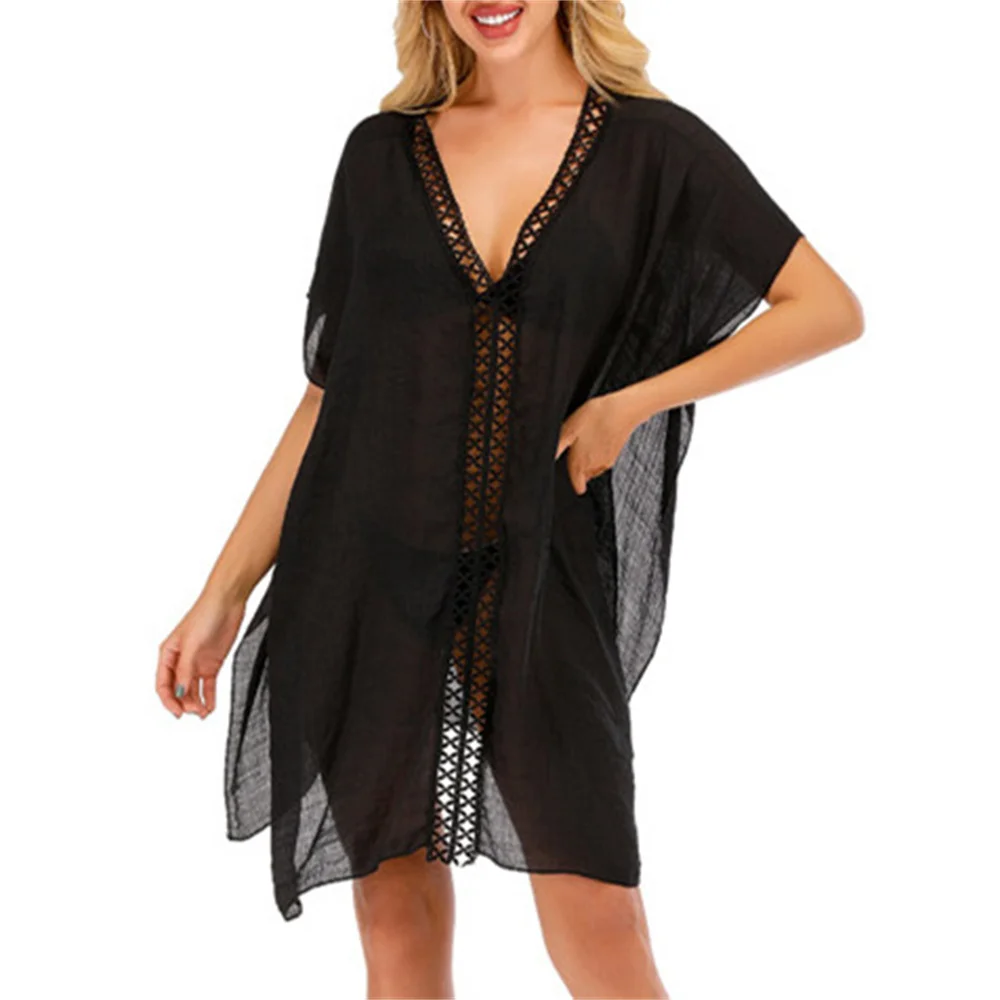 

2021 Chiffon Gauze Hollow Beach Wear Women Swimsuit Cover Up Swimwear Bathing Suits Summer Mini Dress Loose Solid Pareo Cover Up