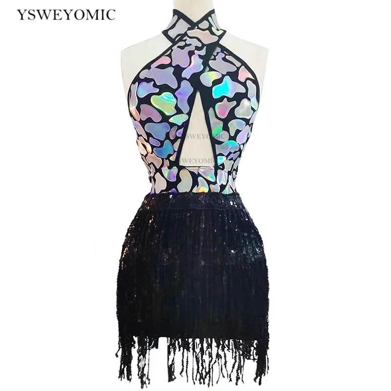 

Multi-color Sequin Black Gold 2 colors Fringe Backless Short Dress Women Latin Dance DS Show Wear Birthday Club Singer Dress