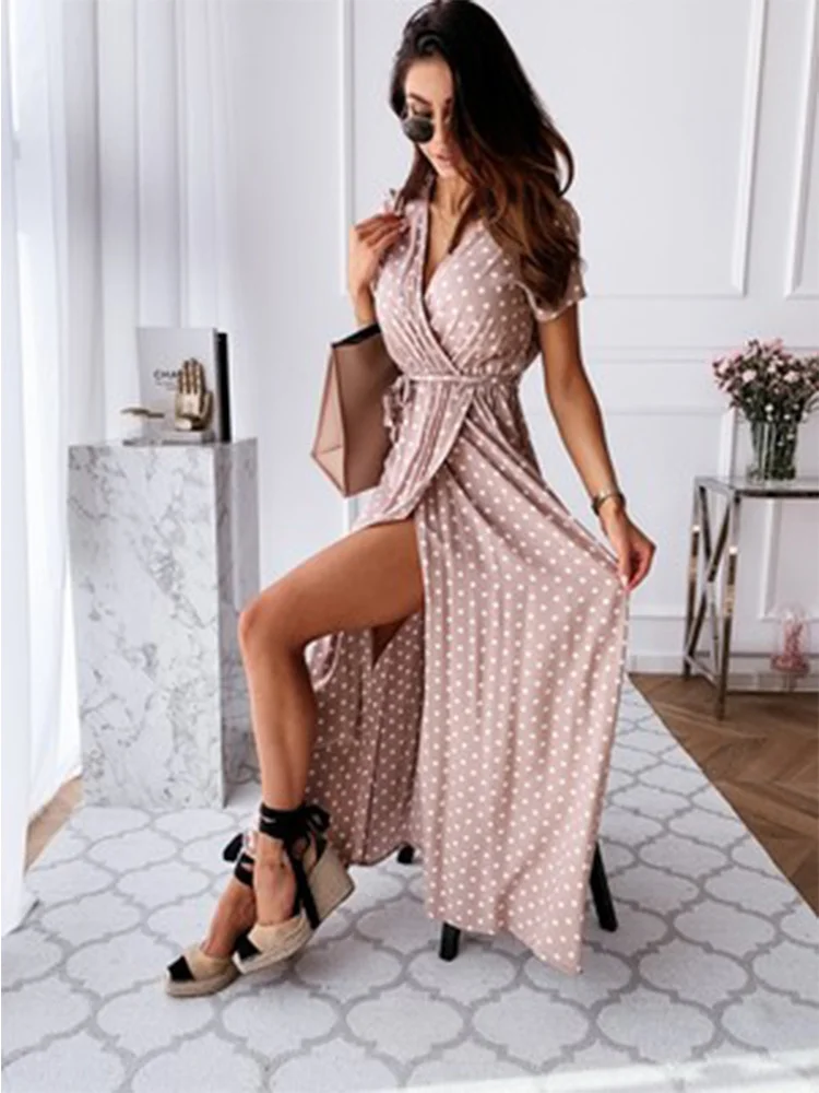 

Traf Women Summer Dress Short-sleeved V-neck Dot Print Dress Ropa Mujer Kawaii Clothes Y2k Dresses