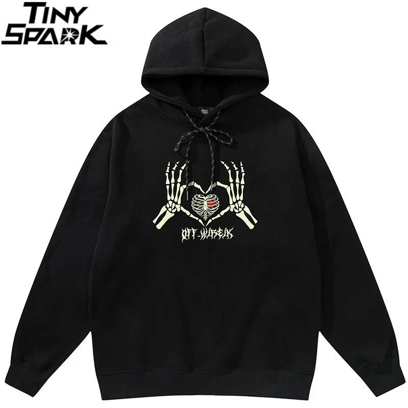 

Хип-хоп толстовка уличная Толстовка 2021 мужская толстовка с капюшоном с принтом скелета сердца Осень Harajuku хлопок Флисовый Пуловер черный