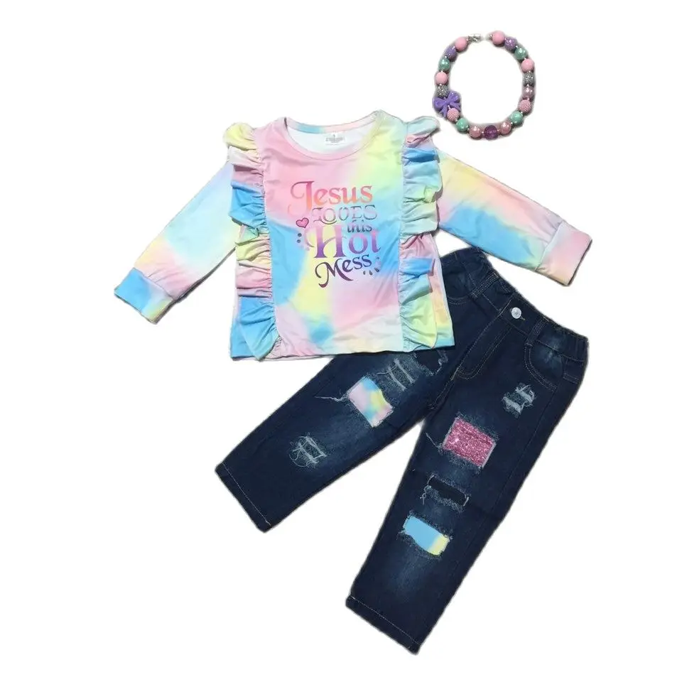 

Girlymax Cotton Tie Dye Top Jesus Hot Mess Long Sleeve Baby Girls Denim Jeans Pants Set Kids Clothing Match Accessories
