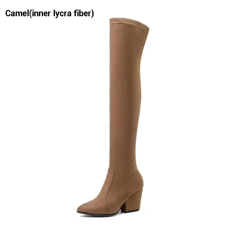 Camel(lycra) CDAXILAN/Новое поступление, Сапоги выше колена женские сапоги до бедра из искусственной замши женские зимние сапоги на высоком каблуке 8 см - Цвет: Camel(lycra)