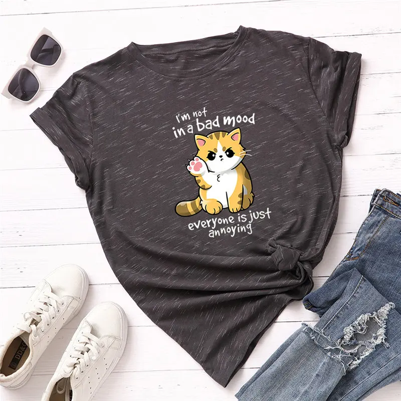 Размера плюс женская футболка из 100% хлопка с круглым вырезом и мультяшными