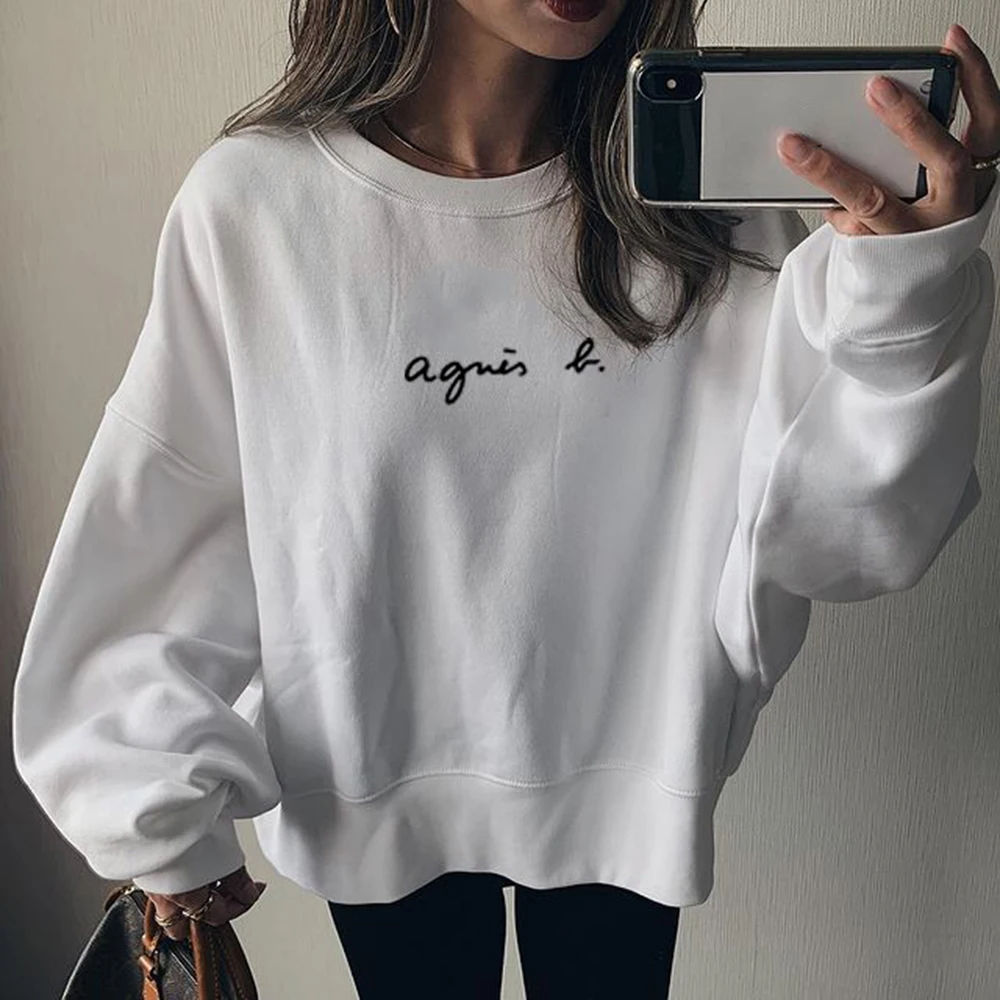 

Oversize Women's Pullover Sweatshirt Autumn Letter Print Round Neck Long Sleeve White Sweatshirt Office Lady Female Clothing
