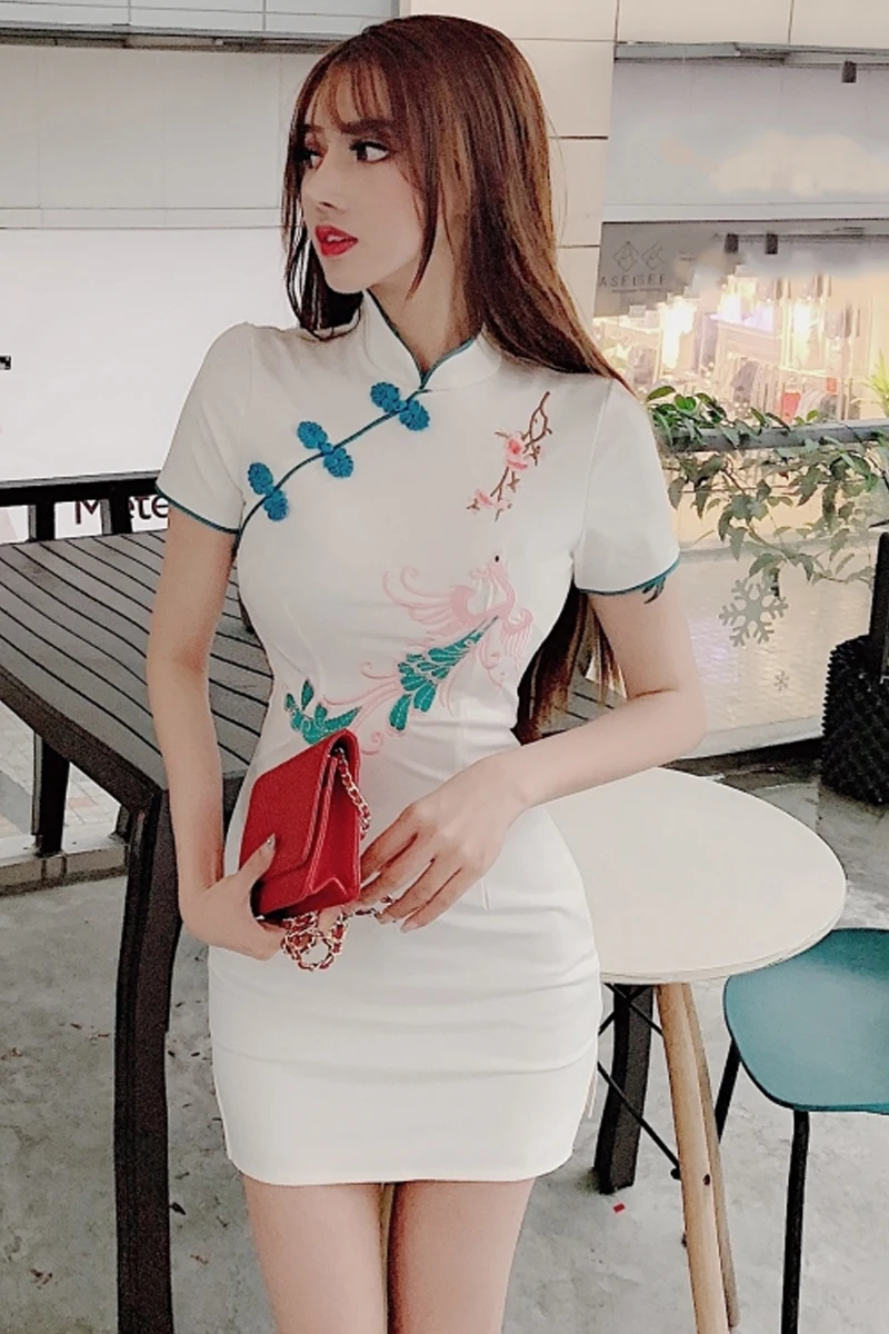 Китайское платье cheongsam, атласное, сексуальное, облегающее, qipao, цветочный принт, воротник-стойка, vestido chino, белое, cheongsam, восточное платье
