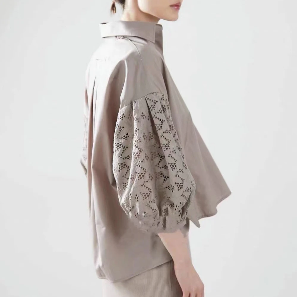 

Japanese Style Lantern Sleeve Hollow Out Blouse Women's Solid Color Fashion Loose Casual V-neck 7-point Sleeve Simple