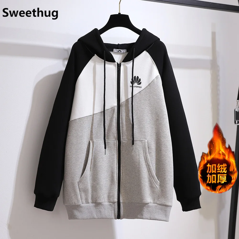 

New Ladies Autumn Winter Plus Size Hoodie For Women Large Long Sleeve Loose Gray Wool Liner Warm Sweatshirt Coat 4XL 5XL 6XL