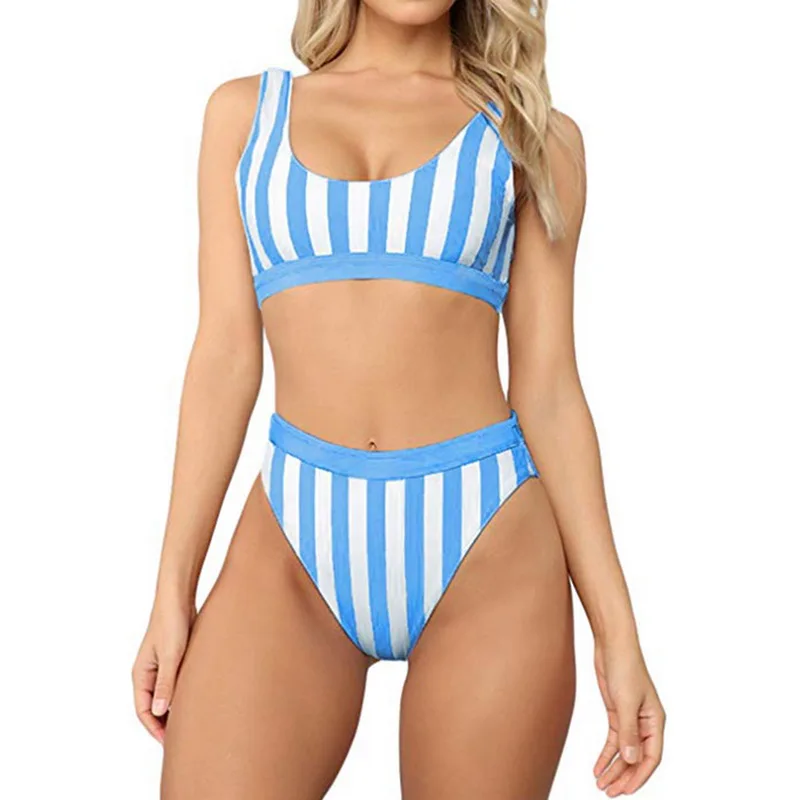 

Bikini 2021 Swimsuit Set Swimwear Women Crop Top Striped Printed High Waisted Cheeky Bikini Set Bathing Suit Wear Brazilian