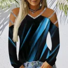 Женская блузка в стиле Харадзюку, с блестками, контрастным принтом, с длинным рукавом и V-образным вырезом, 40 #, 2021
