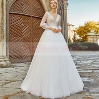 elegant v neck full sleeve wedding dresses for women floor length brush train sexy backless 2021 tulle bridal gownrobe de