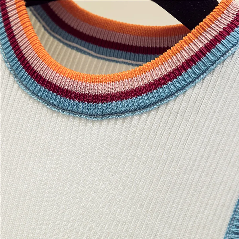 women Striped Color collision knitted vest female lady Girls suspenders waistcoats thin summer ice silk sleeveless Tank Tops