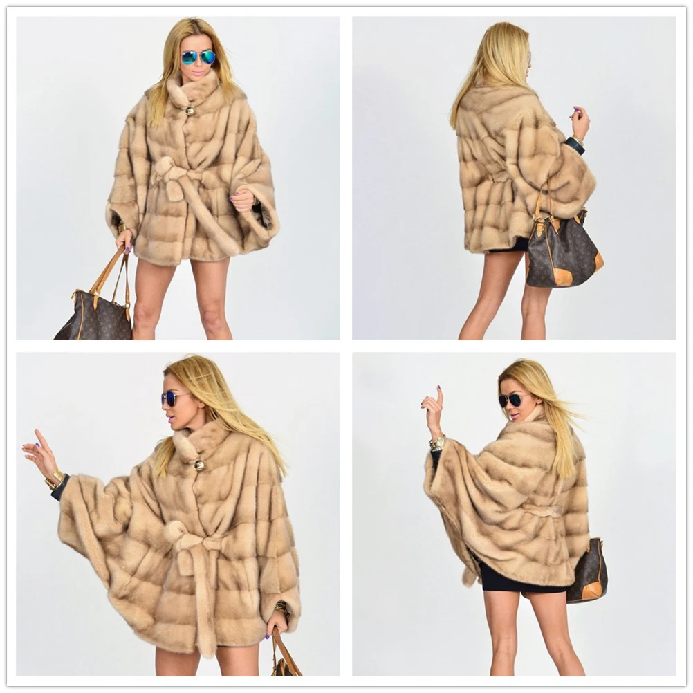 

TOPFUR Fashion New Real Fur Coat Women Beige Mink Coat With Fur Belt Batwing Sleeve Winter Fur Overcoat Large Size Garment
