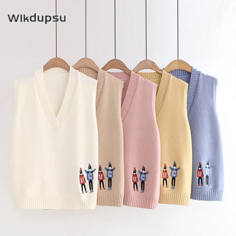 

Sweet Knitted Sweater Vest Embroidery Knit Womens Ladies Sleeveless Long Vest Tops Pullover V Neck Cute Chic Waistcoat Plus Size