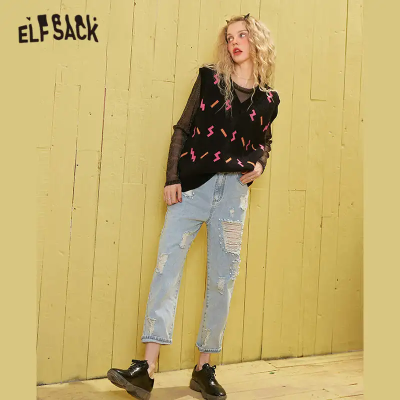 Женский трикотажный пуловер ELFSACK розовый разноцветный жаккардовый свитер жилет