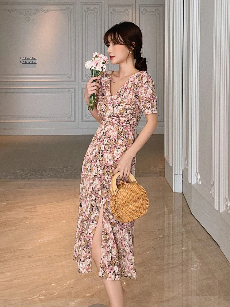 

Isle Floral Dress Seaside Holiday Skirt Waist Slim Beach Skirt Split Oil Painting Chiffon Long Skirt Woman