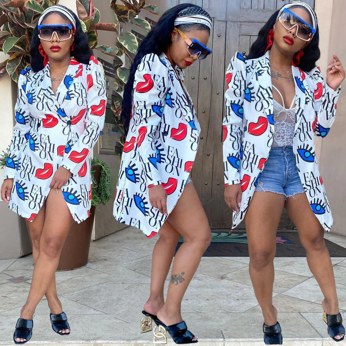 

Women Slim Blazer Office Lady Fashion Casual Printed Puff Sleeve Slim Jackets Blazers Women