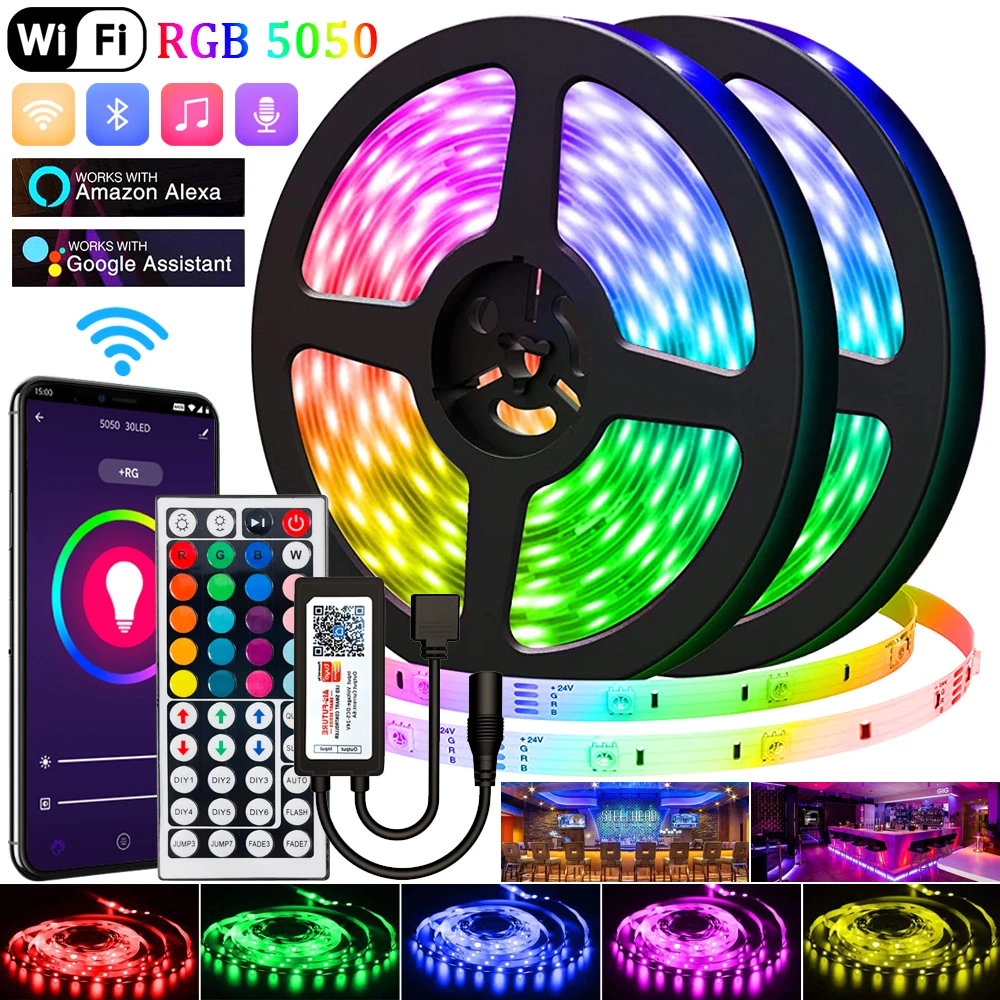 

LED Strip Lights RGB 5050 Bluetooth WIFI Control Fita 16.4-65.6 Feet Supports Alexa Google For TV Computer Bedroom Holiday Party