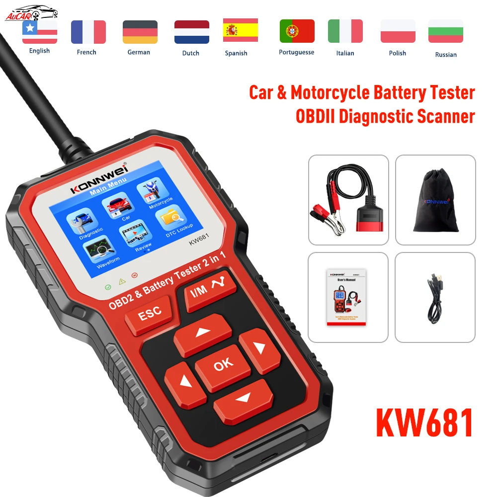 

KW681 Diagnostic Tool Car 6V-12V Battery Tester Analyzer Auto 2 in1 2000 CCA Battery Charger OBD2 Scanner