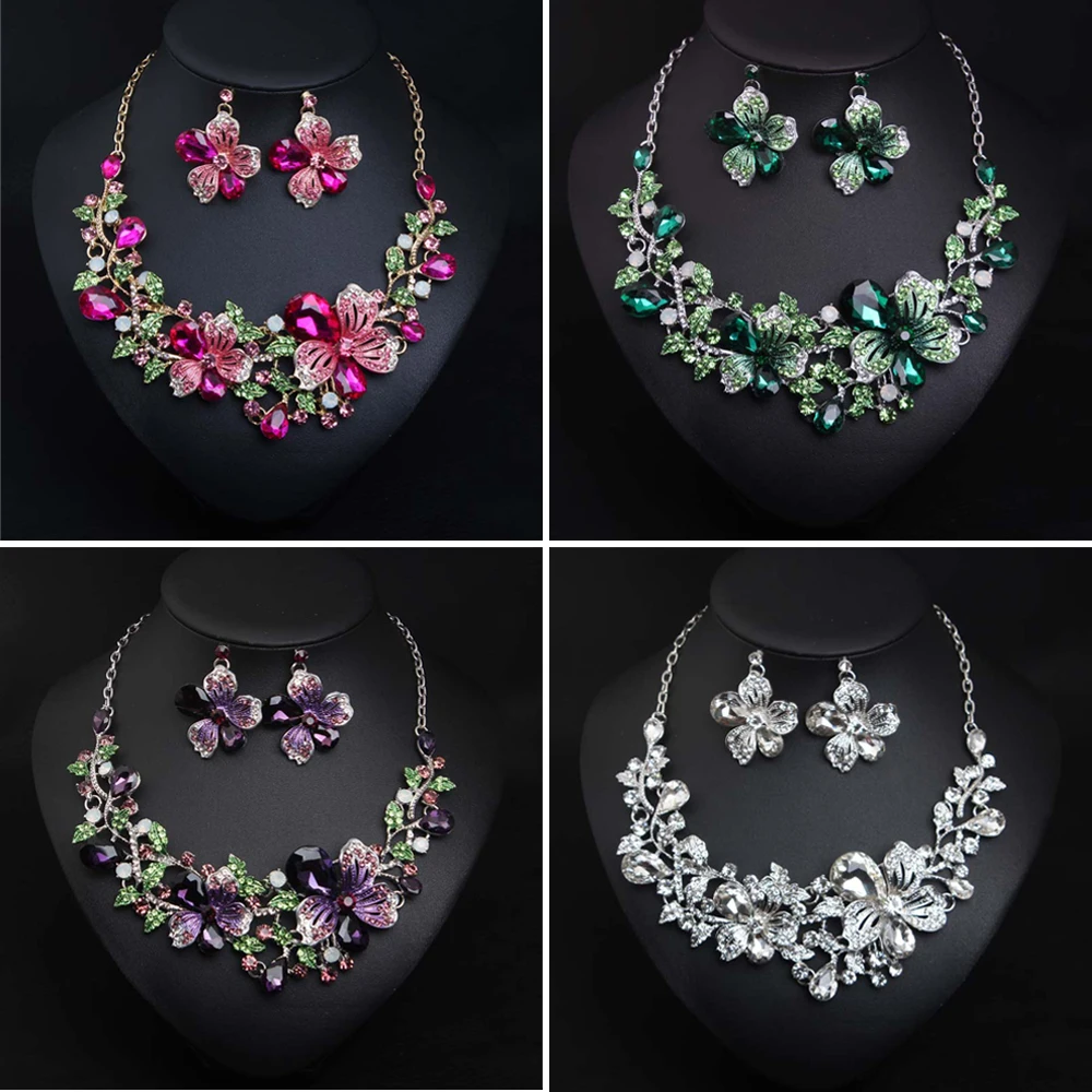 Кристалл для женщин цветок нагрудник колье цепь кулон ожерелье серьги комплект