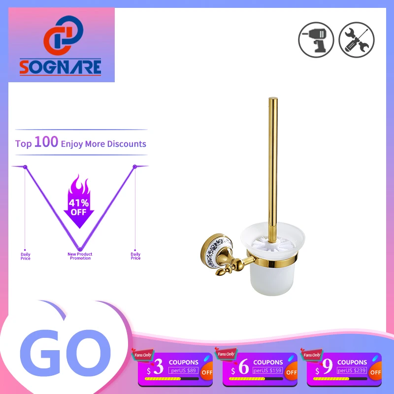 

Настенный держатель для туалетной щетки, золотистый держатель для туалетной щетки со стеклянной чашкой, принадлежность для ванной комнаты,...