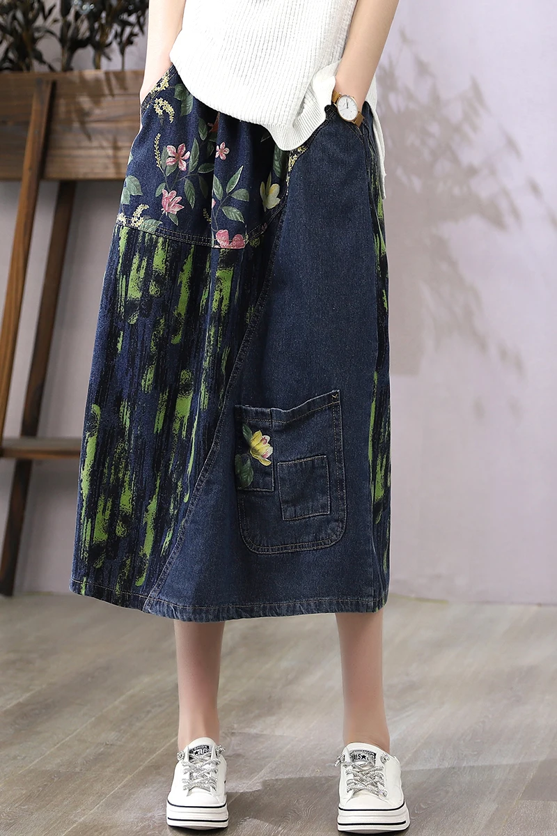 

Summer new denim cotton skirt women casual floral print skirt casual pockets elastic waist skirt