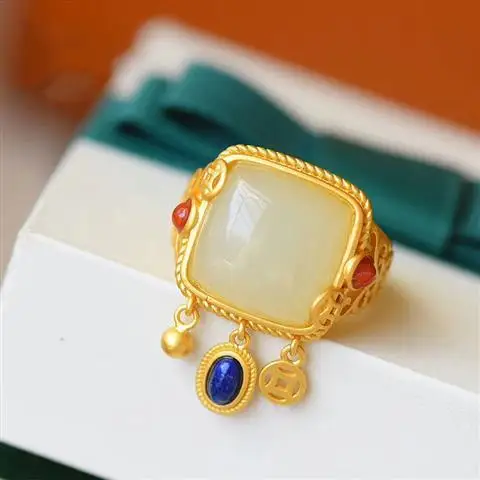 

Natural Hetian Jade Ring Sterling Silver Square Open Ring Fimbrilla Retro Minority Court Ethnic Style Index Finger Ring Women