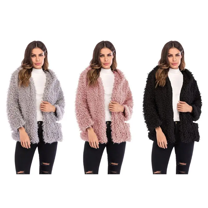 

Women Winter Fuzzy Plush Hooded Jacket Open Front Thicf Faux Fleece Cardigan Coat Solid Color Loose Outwear with Pockets