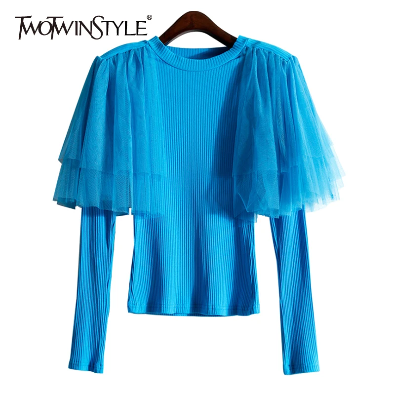 

TWOTWINSTYLE Casual Slim Patchwork Mesh T Shirt Female Round Neck Long Sleeve Gathered Waist Fashion T Shirts For Women Style