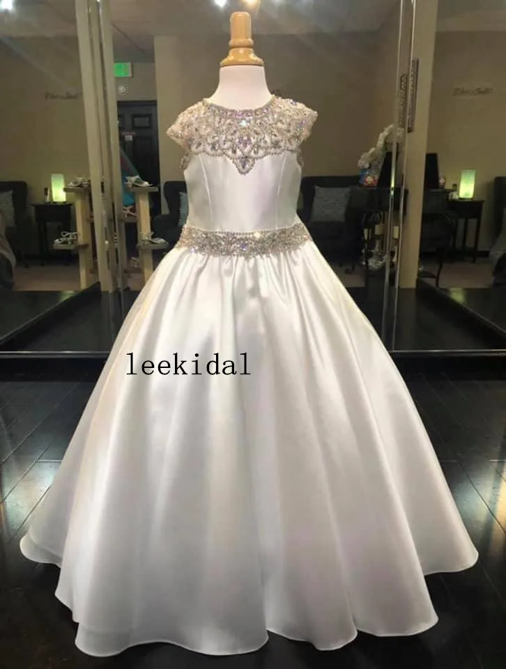 

Luxury Crystal A line Flower Girls Dresses For Wedding Birthday Party Sequin Beaded Satin Crystal Short Sleeves First Communion
