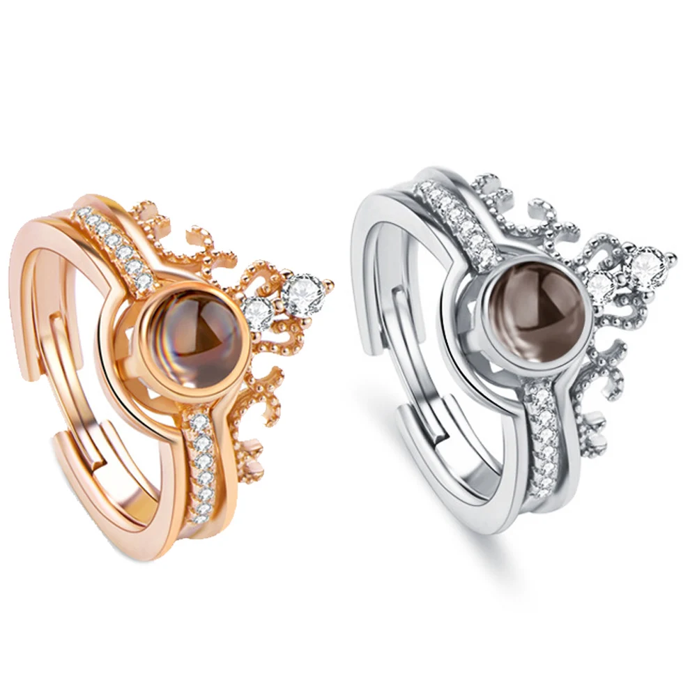 &quotI Love You&quot In 100 Languages Memory Crown Couple Rings Rose Gold Engagement Wedding Valentine's Day Ring Set Drop Shipping |