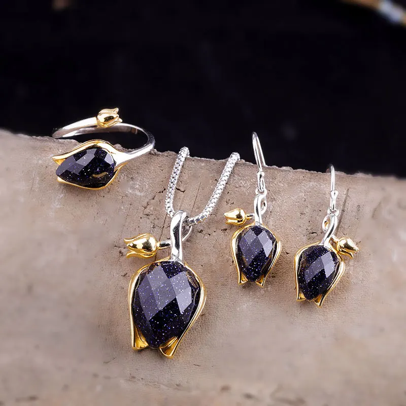 Blue Jewelry Set Безглицый ручной работы тюльпан набор украшений для женщин натуральные драгоценные камни нефрит серьги кольца набор кулонов 925 серебро цветочные ювелирные изделия S02 - Цвет камня: Blue Jewelry Set