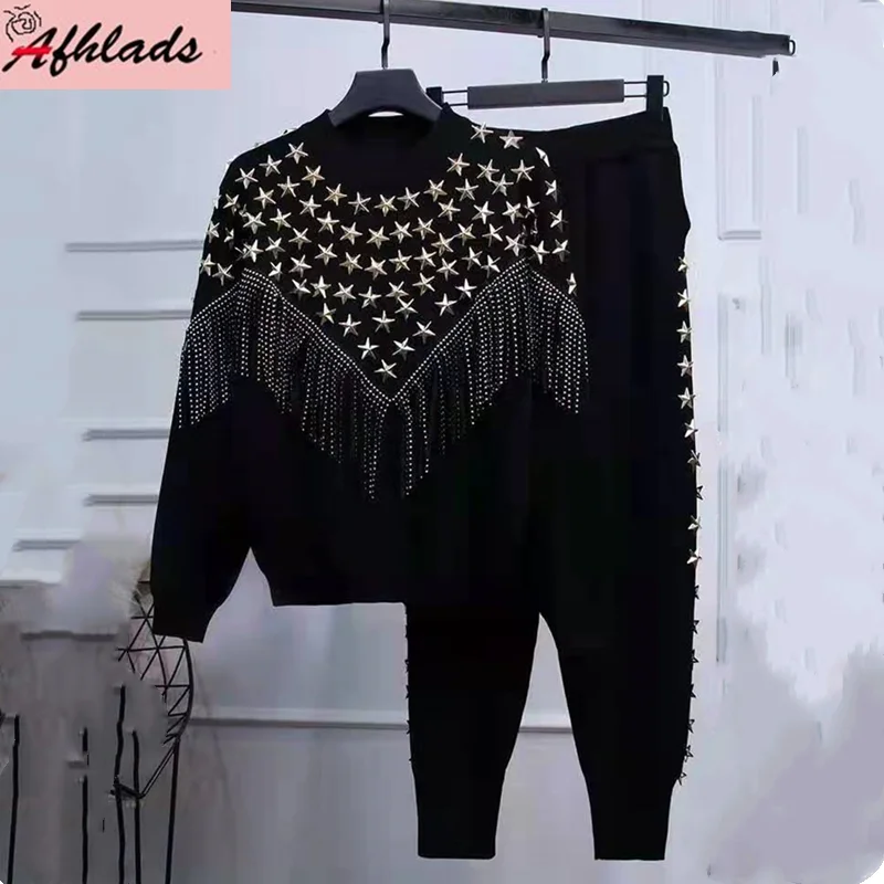 

Уличная одежда, вязаный комплект высокого качества, лоскутный пуловер с бахромой и заклепками + брюки, осенне-зимние свободные комплекты из ...