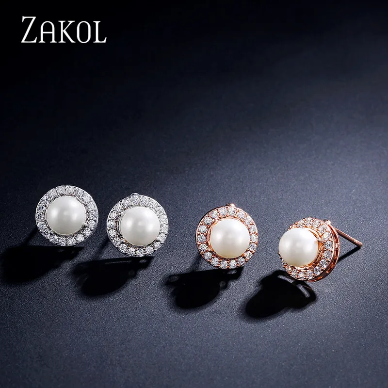 ZAKOL хит продаж белые серьги гвоздики с фианитом ААА для женщин модные круглые