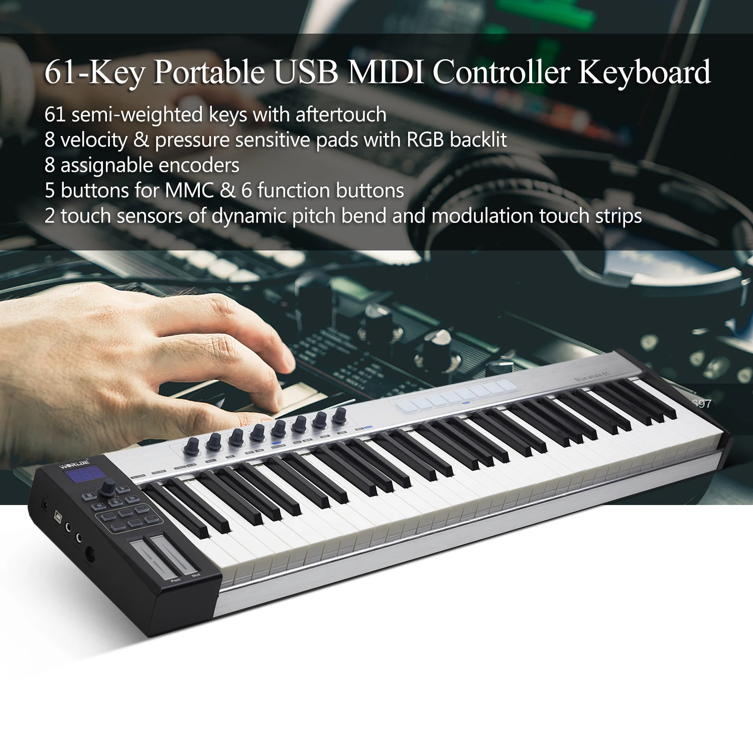 WORLDE синий кит 61 Портативная USB MIDI-контроллер клавиатура полуутяжеленные клавиши 8