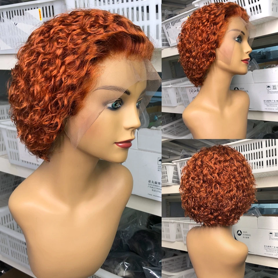 

Рыжий Оранжевый парик из человеческих волос с вырезанными кружевами спереди, короткий кудрявый короткий парик с напылением, парик с выреза...