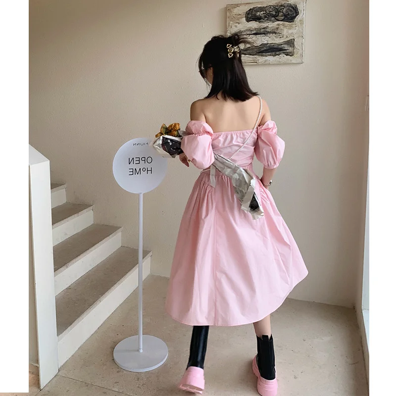 

XUXI 2021 Summer Dress Women Streetwear Slash Neck Puff Sleeve Fashion Stitching Fit And Flare Knee-Length Thin Skirt E2559