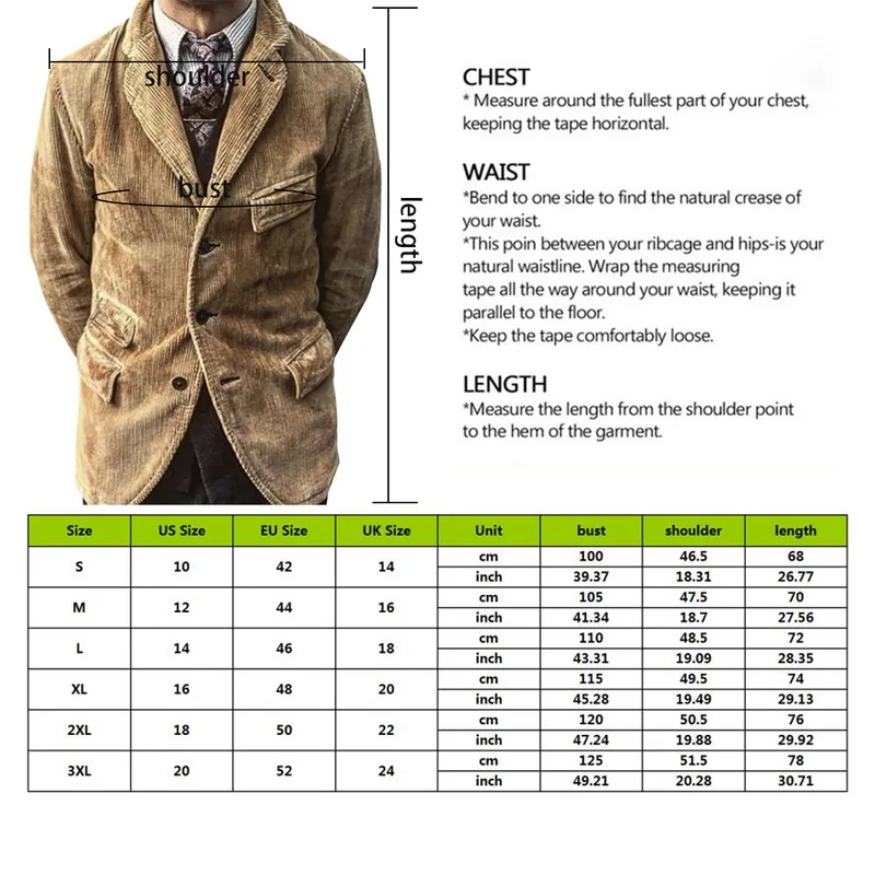 

New Men's Corduroy Solid Retro Long Sleeve jacket Mens Party Business Gradient Print Button Pockets Corduroy Suit Coat Jackets