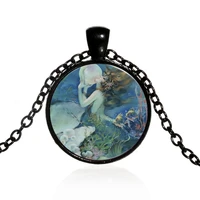 new mermaid kisses pearls art photo cabochon glass pendant necklace mermaid jewelry accessories for womens mens creative gifts