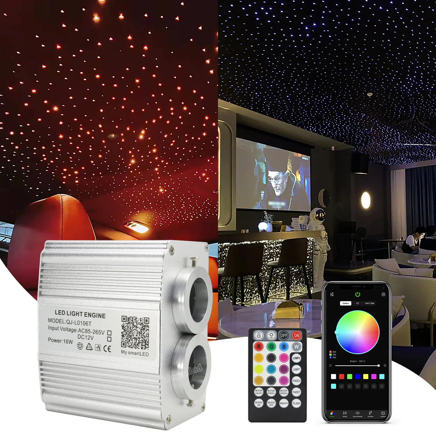 CREE Chip 16W RGBW Twinkle Double head LED Fiber Optic Engine Driver with 28key RF& app Controller for Fiber Optic Star Ceiling