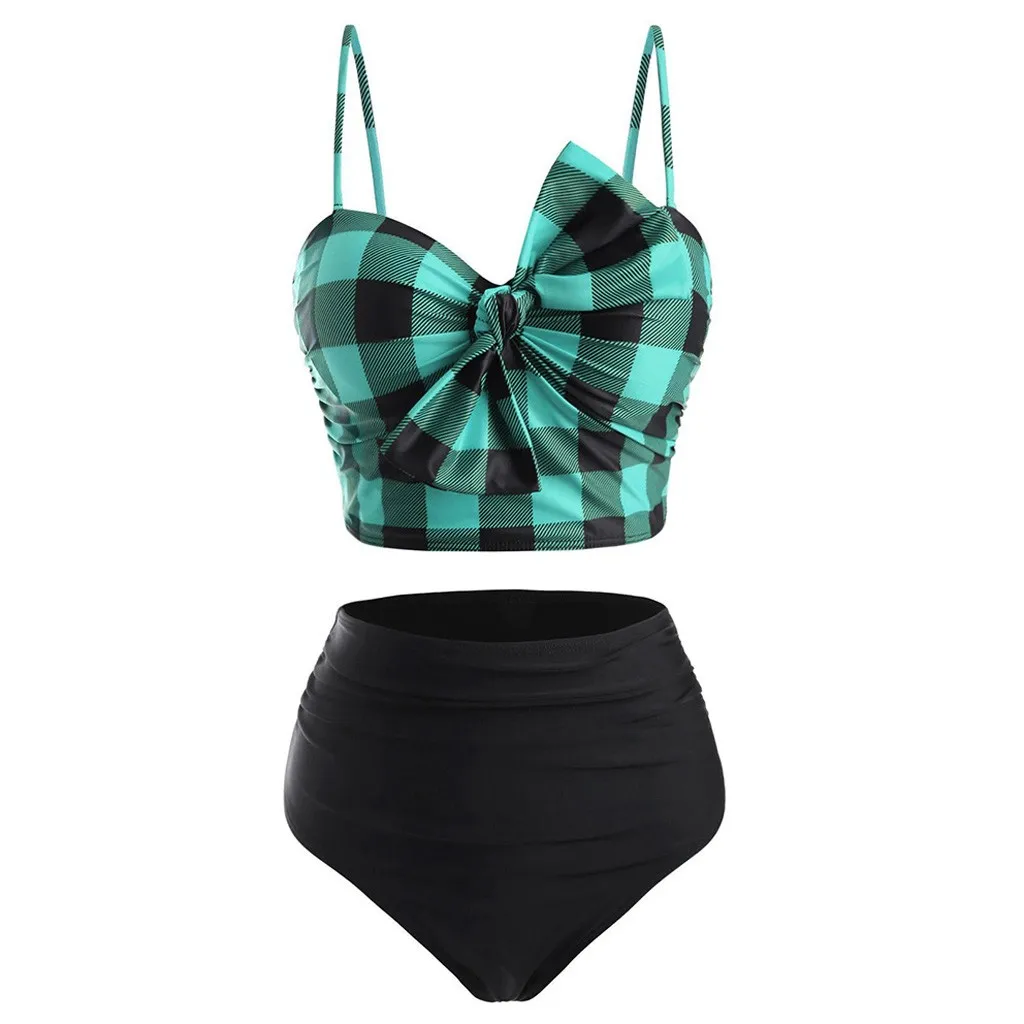 

Ladies Push-ups Thick Bikini Set Fashion High Waist Plaid Bowknot Push Up Tankini Swimwear Beach Swimwear #30