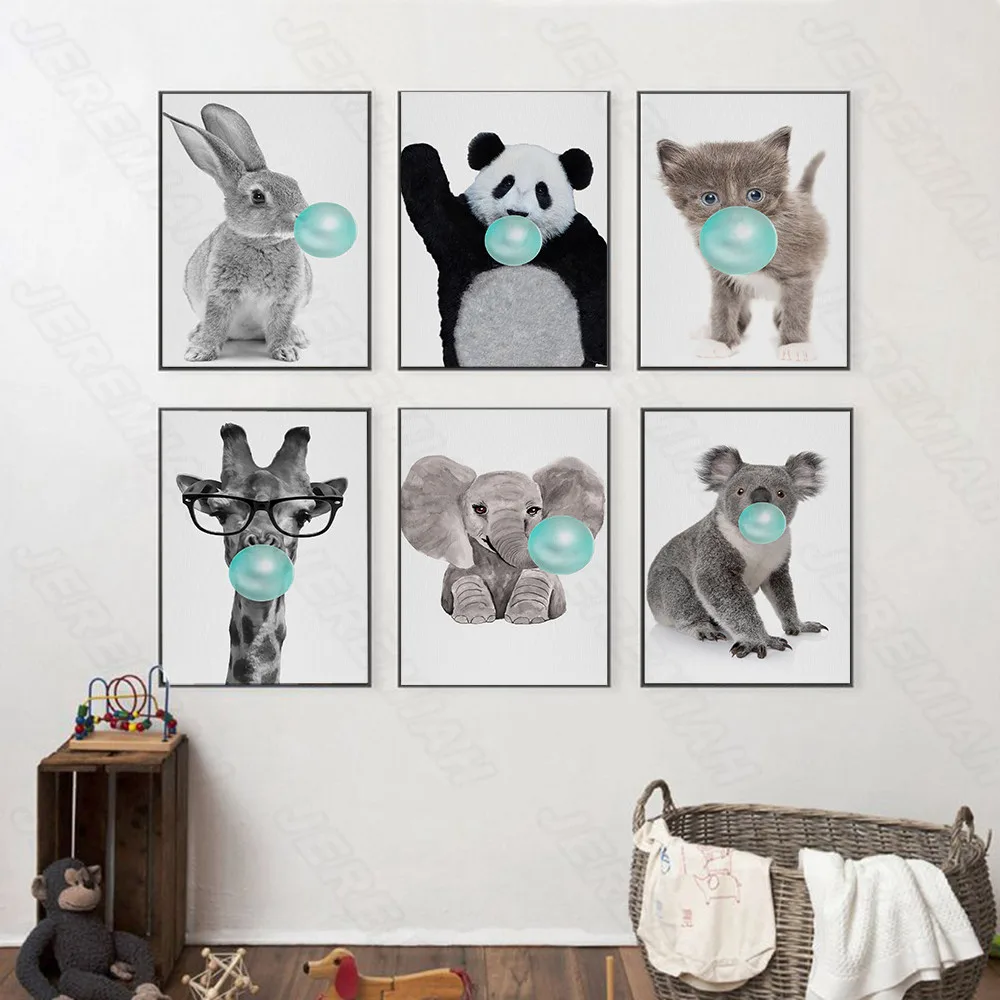 

Little Animal Blowing Blue Balloon Poster Nordic Style Wall Art Canvas Print Painting Modern Living Room Decoration