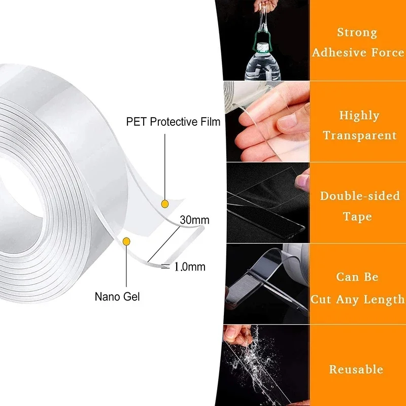 

1/2/3/5M Transparent Double Sided Tape Nano Self-Adhesive Tape No Trace Reusable Tape Glue Sticker