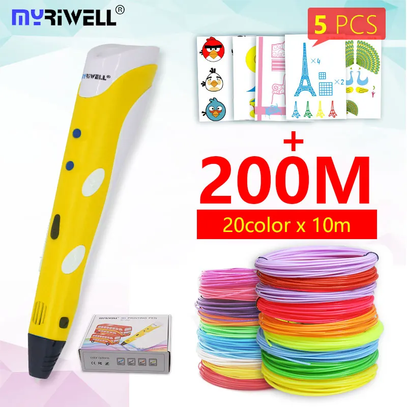 Myriwell, 3D Ручка, 3d ручка, RP-100A, pla, 1,75 мм, abs нить, 3d печать, ручка, 3 d ручка, инструмент для рисования, для детей, подарок на день рождения - Цвет: yellow and abs200