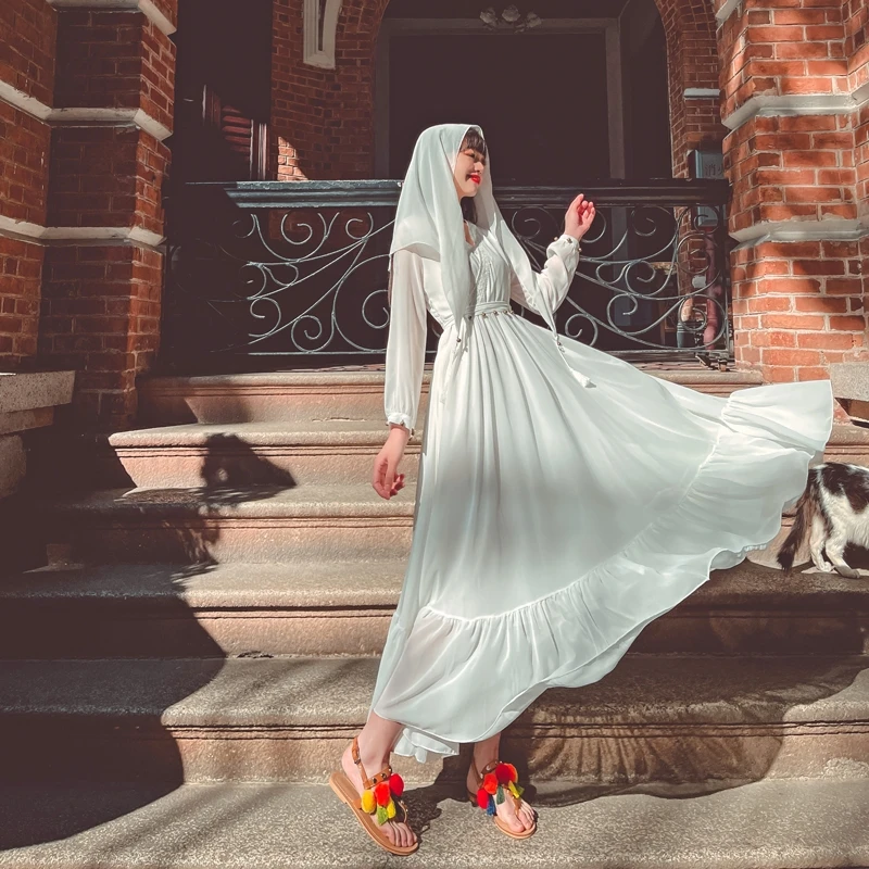 

2021 Newest Fall Summer High Quality Robe Fashion Designer Party Chiffon Girl Beach White Dress Bohemian Red Swing Maxi Dress