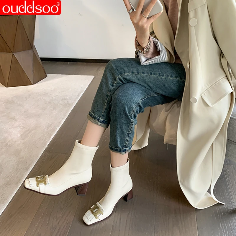 ODS Autumn Winter Black White Genuine Leather Ankle Boots For Women Square Toe Chunky Heel With Metal Buckle Plus Size 43