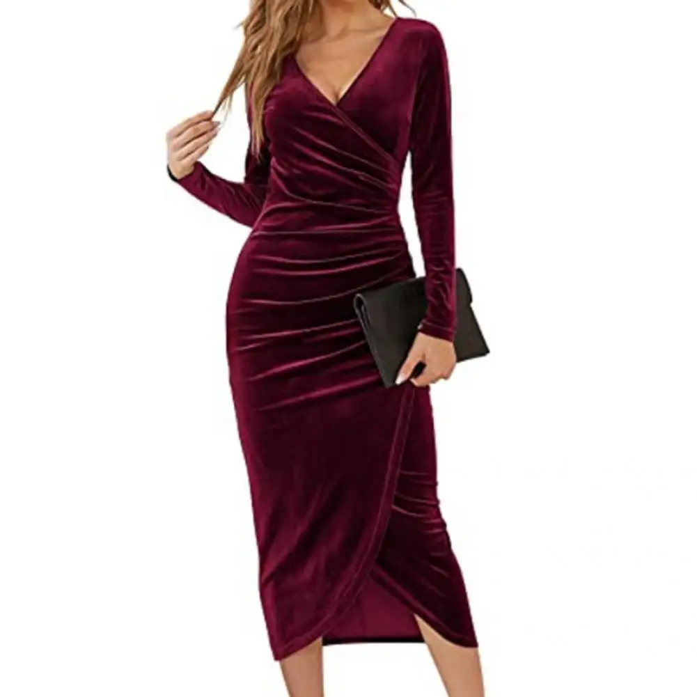 

Elegant Dress Popular Ruched V-Neck Lady Dress Soft Texture Midi Dress