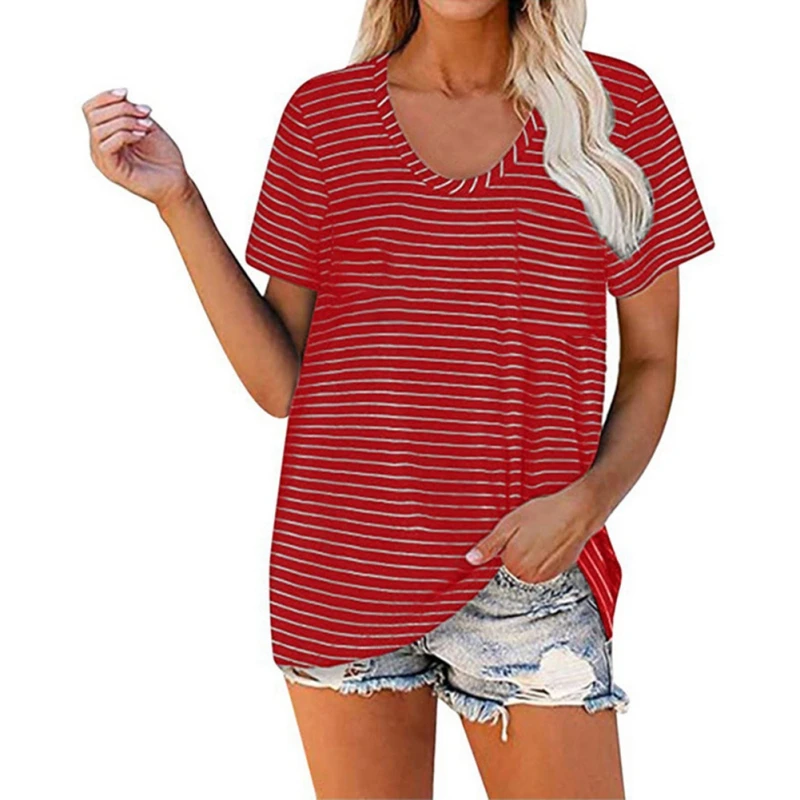 

Летние дышащие Повседневный Топ в европейском и американском стиле; Женская блузка с коротким рукавом свободного кроя в полоску, круглый вы...