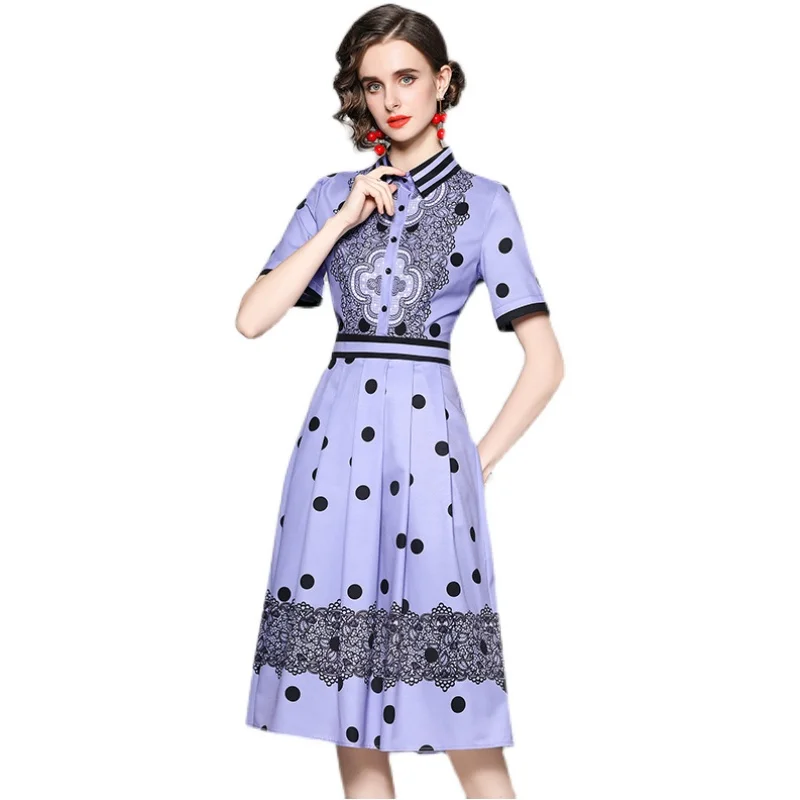 

Elegant Polka Dot Shirt Dress Woman Printed Single Breasted Short Sleeved Lapel Mid Length Summer Clothes